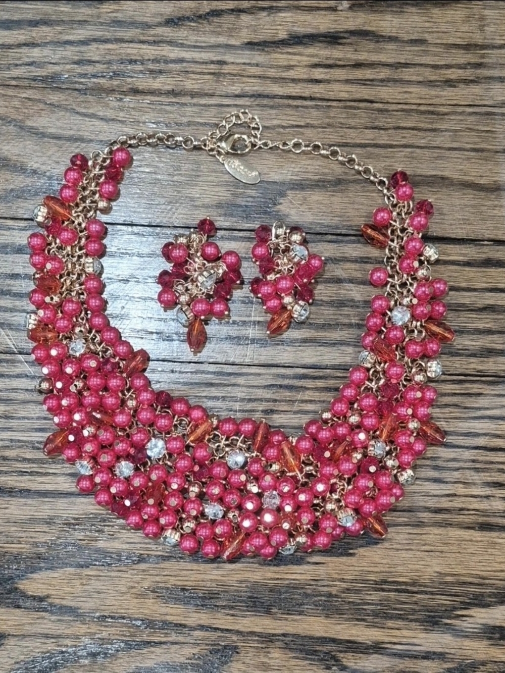 Fuchsia Beaded Statement Necklace & Earrings Set